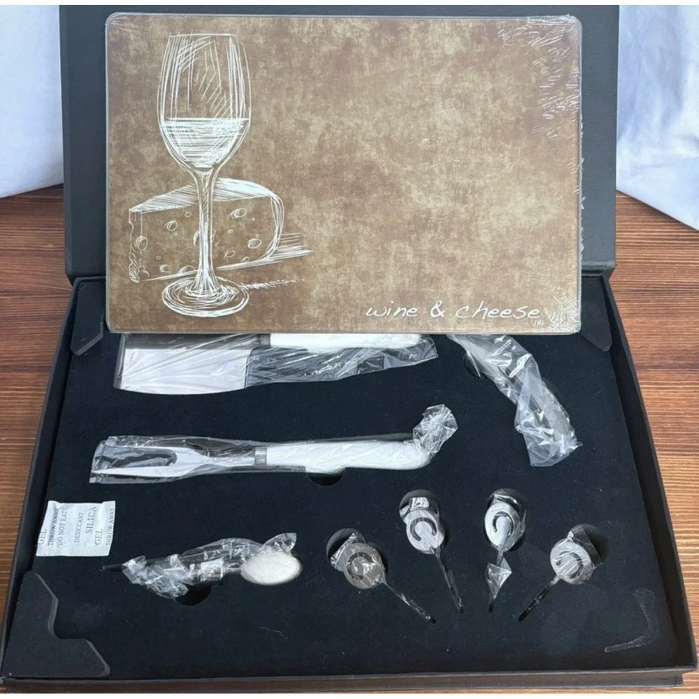 Wine & Cheese Serving Set‎ Glass Cutting Board Knives Tools Gift Set New